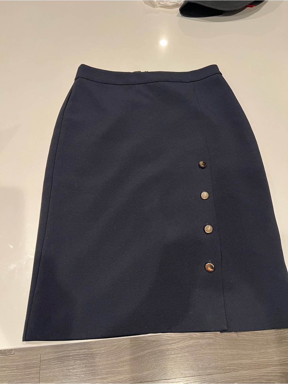 Classic Navy Pencil Skirt with Gold Side Button Detail